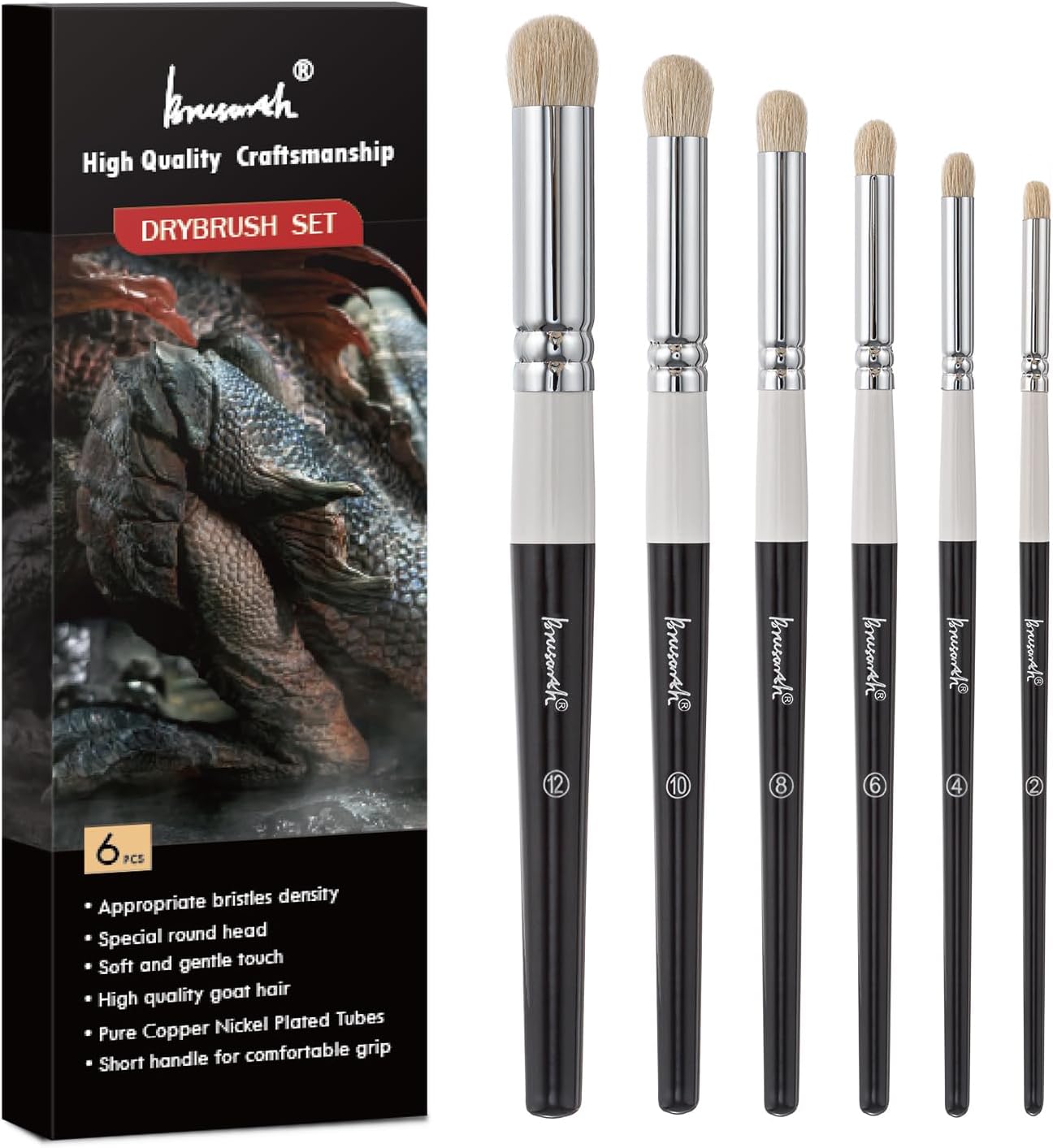 Brusarth Drybrush Set — 6 Sizes Goat Hair Acrylic Paint Brushes