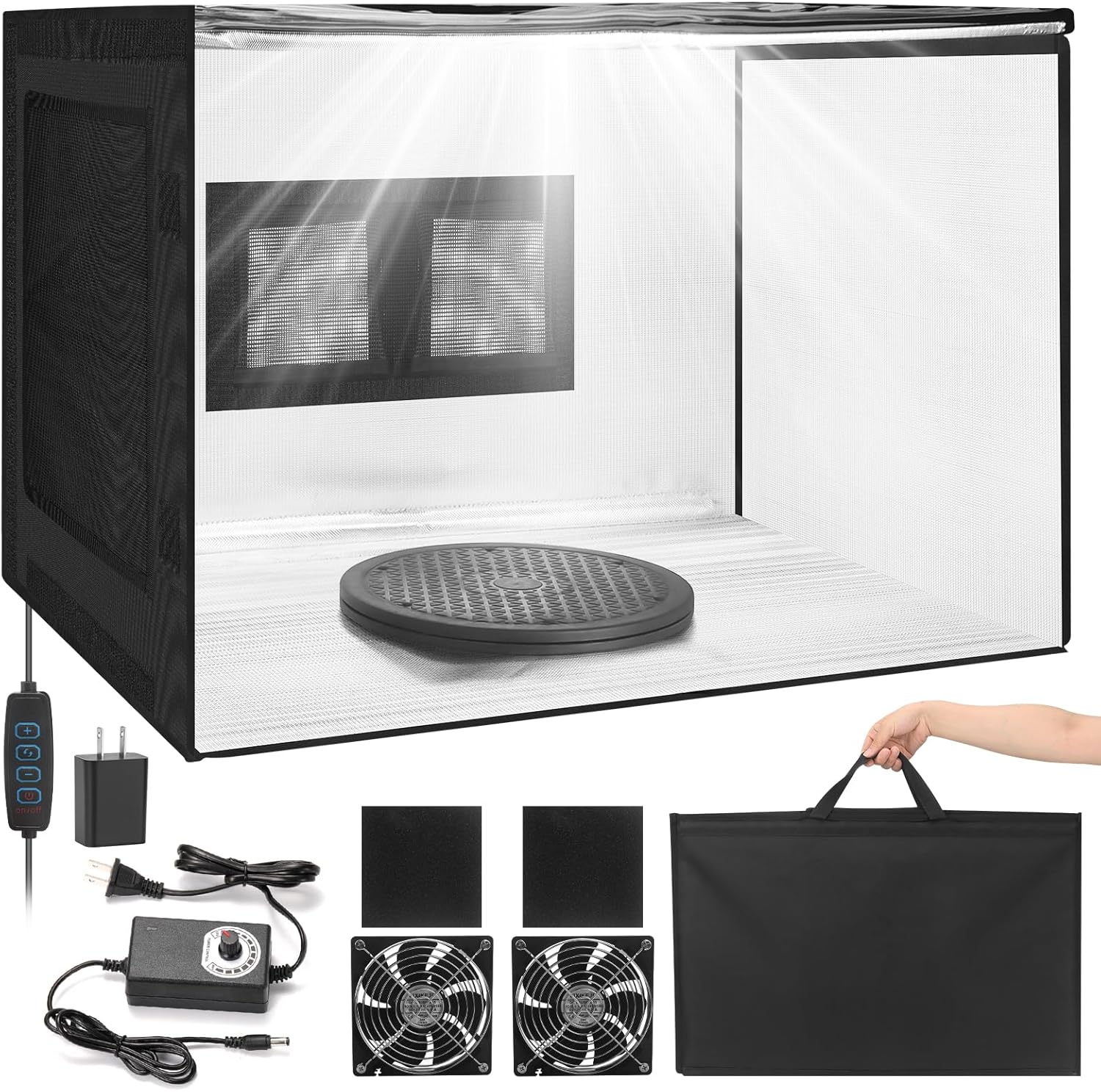 Portable Airbrush Spray Booth with Dual-Fan Ventilation & 3-Color Shadowless LED Light, Large Foldable Hobby Paint Booth Kit with Turntable & Exhaust Hose for Miniature Painting and Models