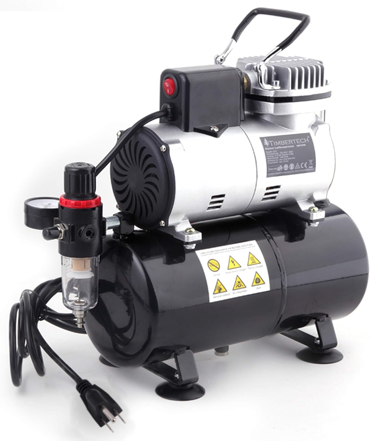 Timbertech Upgraded Airbrush Single-Piston Oil-free Mini Compressor ABPST08 with Cooling Fan, 3L Tank, Regulator, Moisture Trap for Hobby, Model Painting