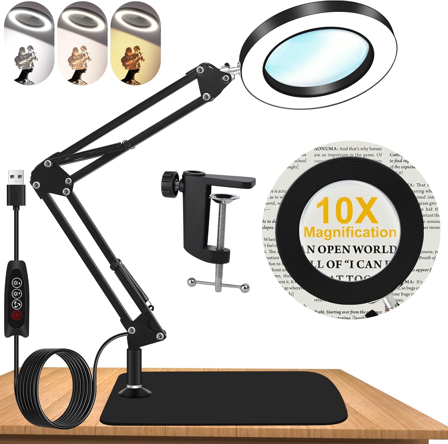 10X Magnifying Glass with Light and Stand, Dimmer Adjustable Swing Arm 2-in-1 Desk Lamp and Clamp, LED Lighted Desk Magnifier for Craft Reading Repair Painting Close Work