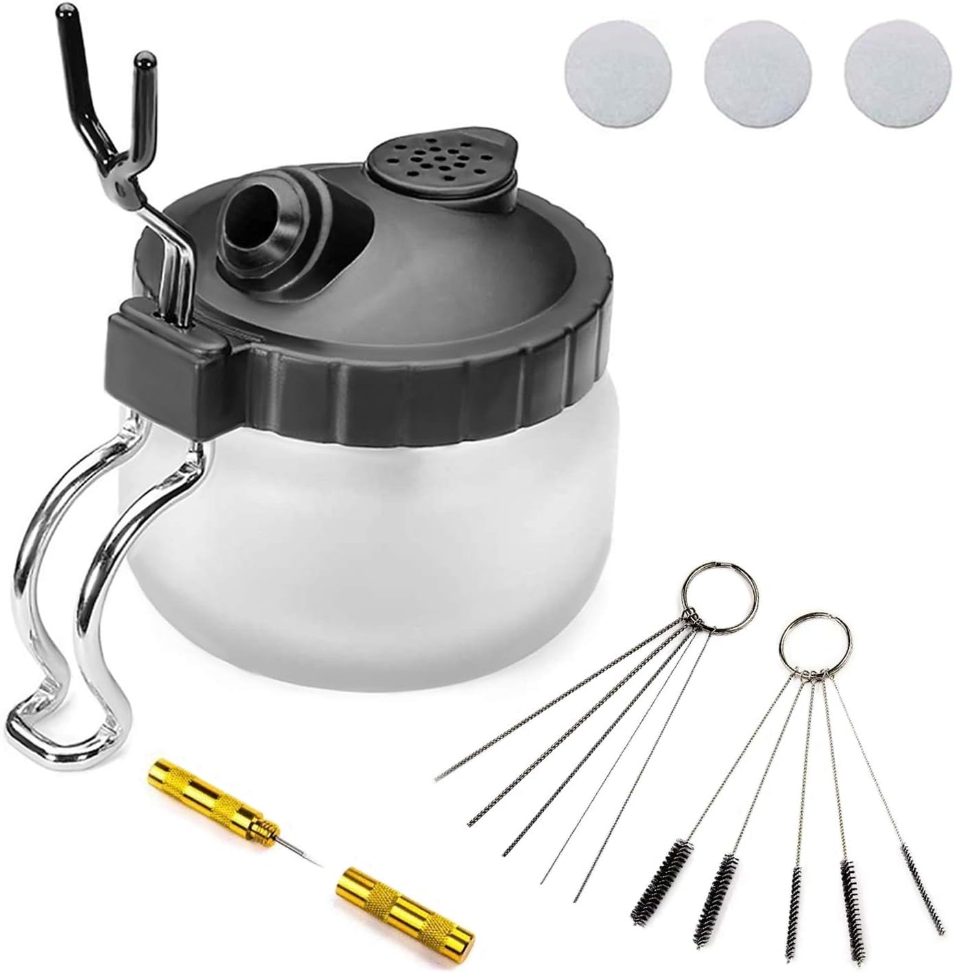 4 Set Airbrush Cleaning Kit - Airbrush Cleaning Pot with Air Filter Mat and Holder, Nozzle Cleaning Needle, 5pcs Brushes Set, 5pcs Dredging Needles